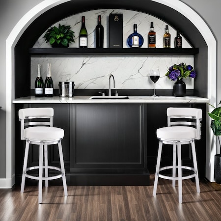 Armen Living Madrid 30" Bar Height Swivel White Faux Leather and Brushed Stainless Steel Bar Stool LCMABABSWH30